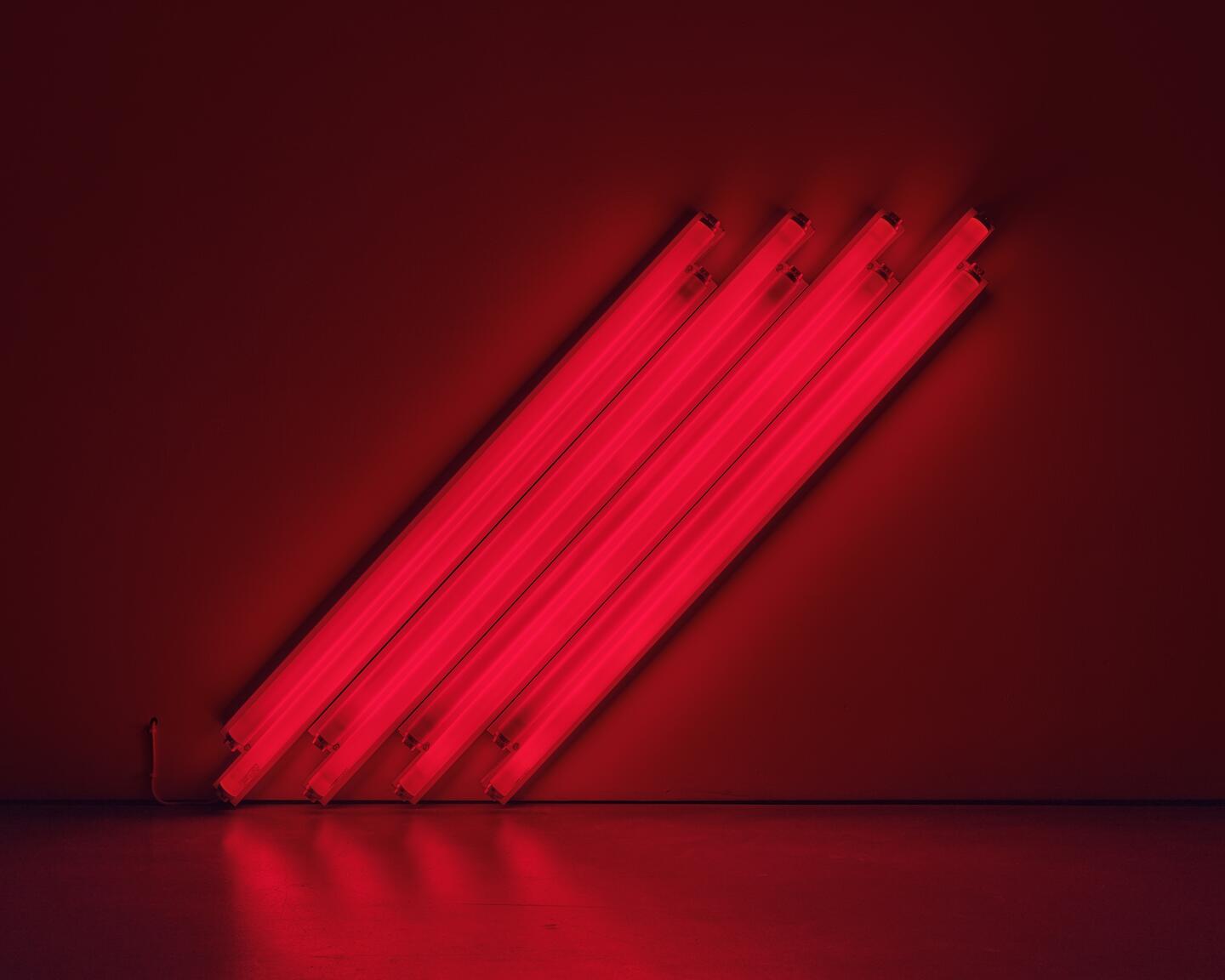 Dan Flavin, Untitled (to V. Mayakovsky) 1, 1987, red fluorescent light, 102.2 x 106 x 8.9 cm. Edition 3 of 5. Courtesy Peter Freeman Inc., New York